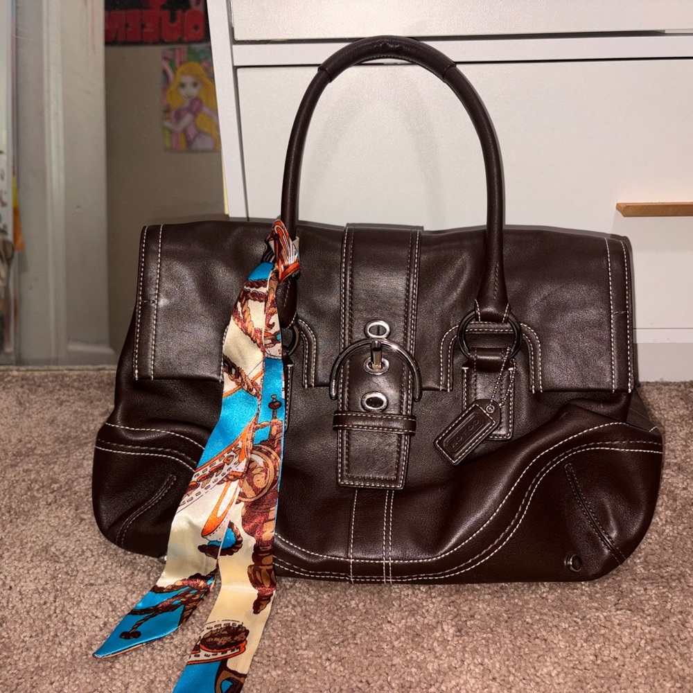 Coach Dark Brown Leather Satchel with Scarf Accent
